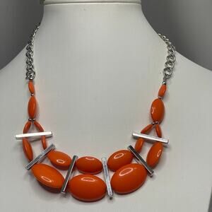 necklace orange beaded costume jewelry statement silver tone chunky link boho